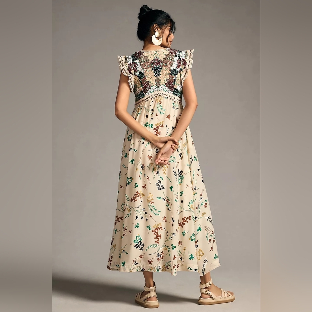 Anthropologie Floral Beige Maxi Dress/used - Picture 2 of 11